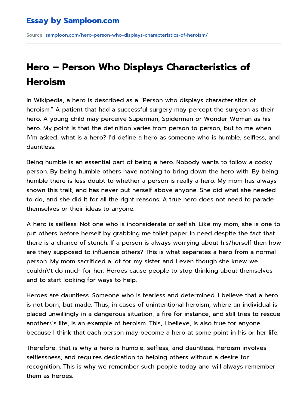 Hero – Person Who Displays Characteristics of Heroism essay
