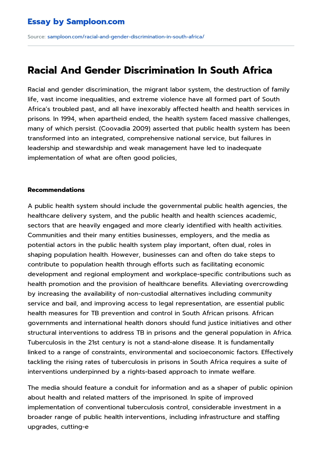 Racial And Gender Discrimination In South Africa essay