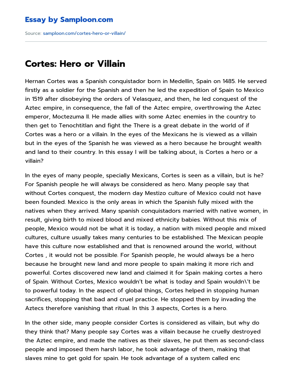 Cortes: Hero or Villain Personal Essay essay
