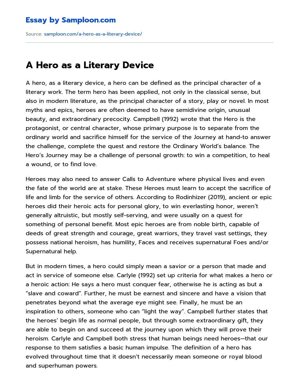 A Hero as a Literary Device Argumentative Essay essay
