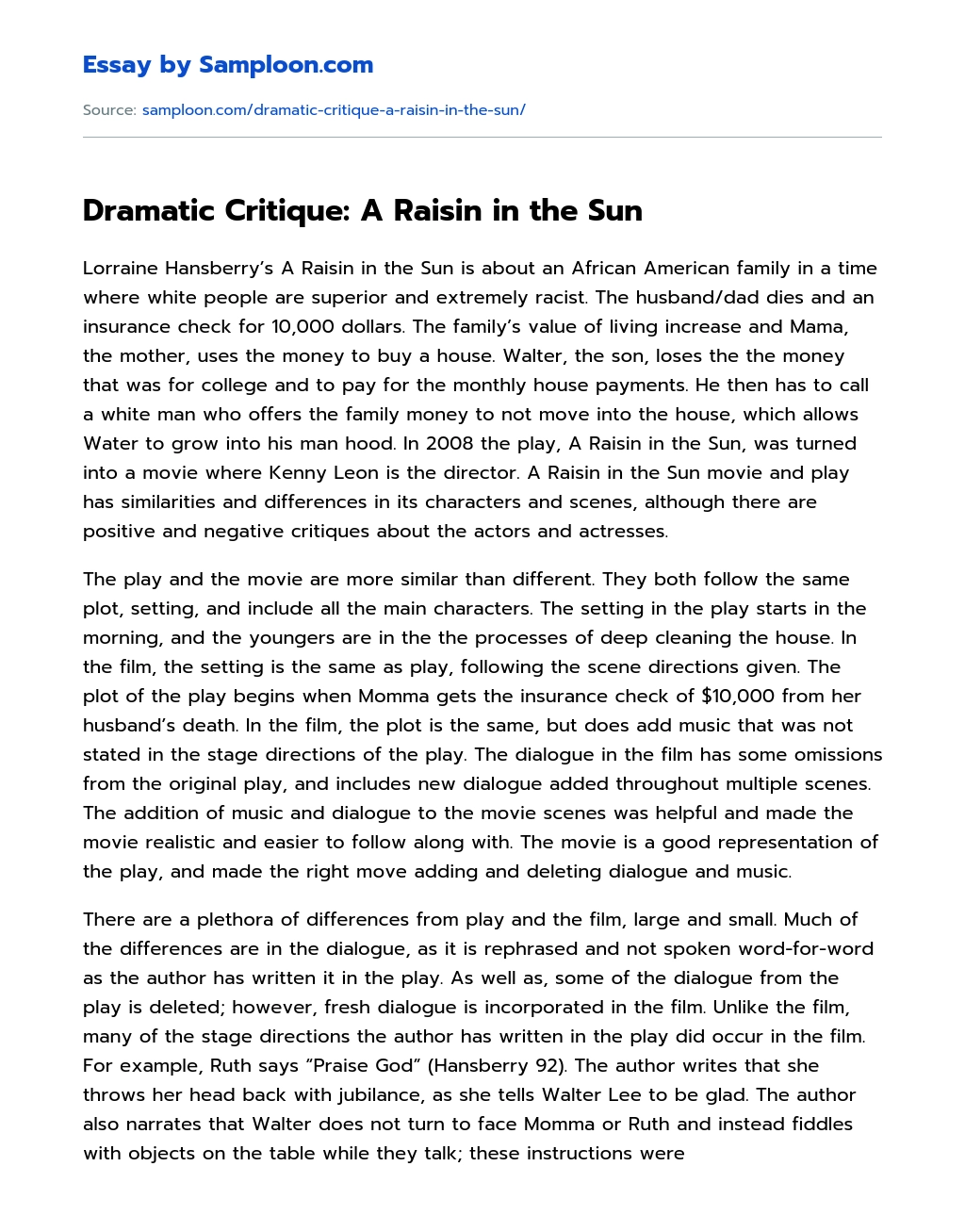 Dramatic Critique: A Raisin in the Sun Review essay