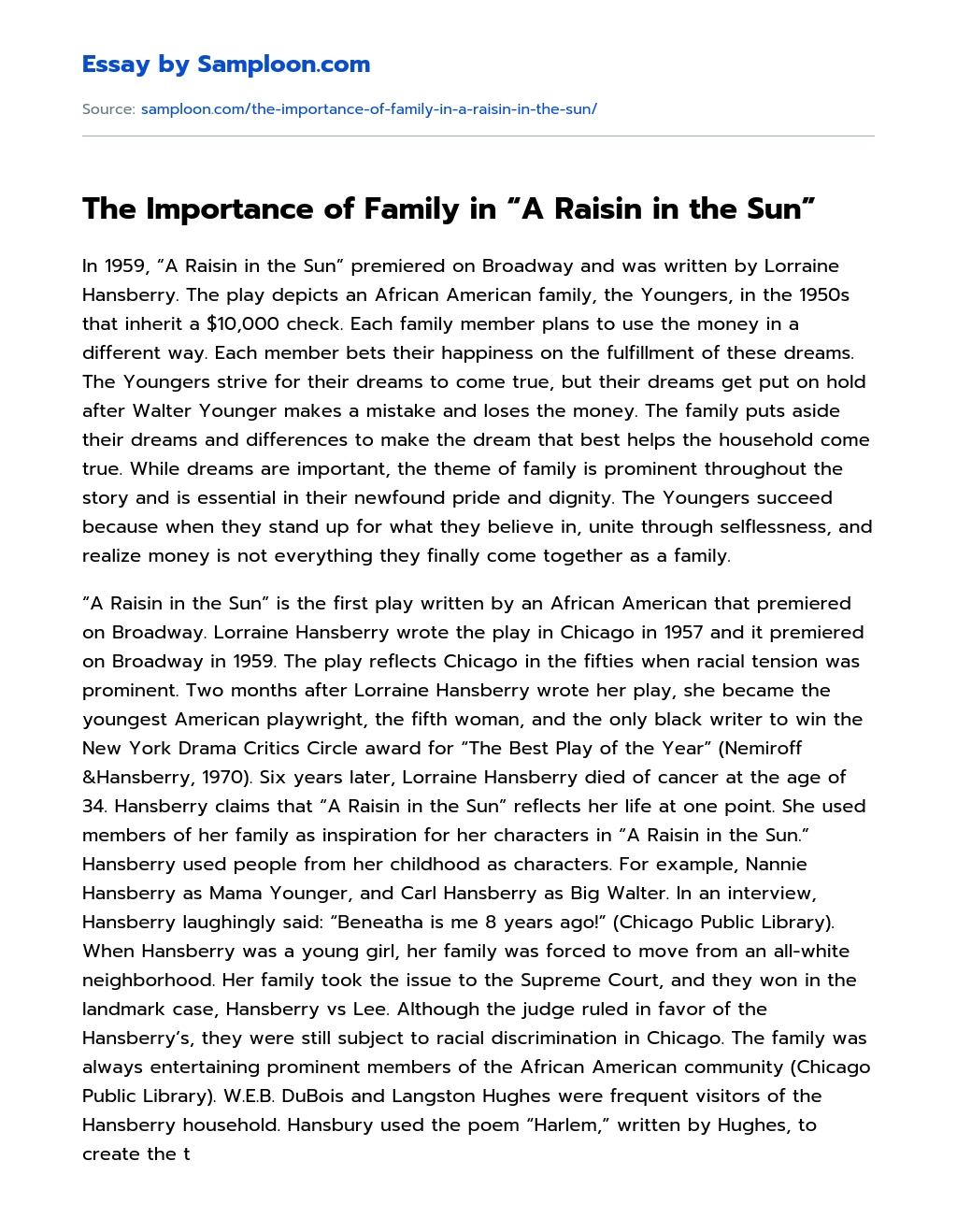 The Importance of Family in “A Raisin in the Sun” essay
