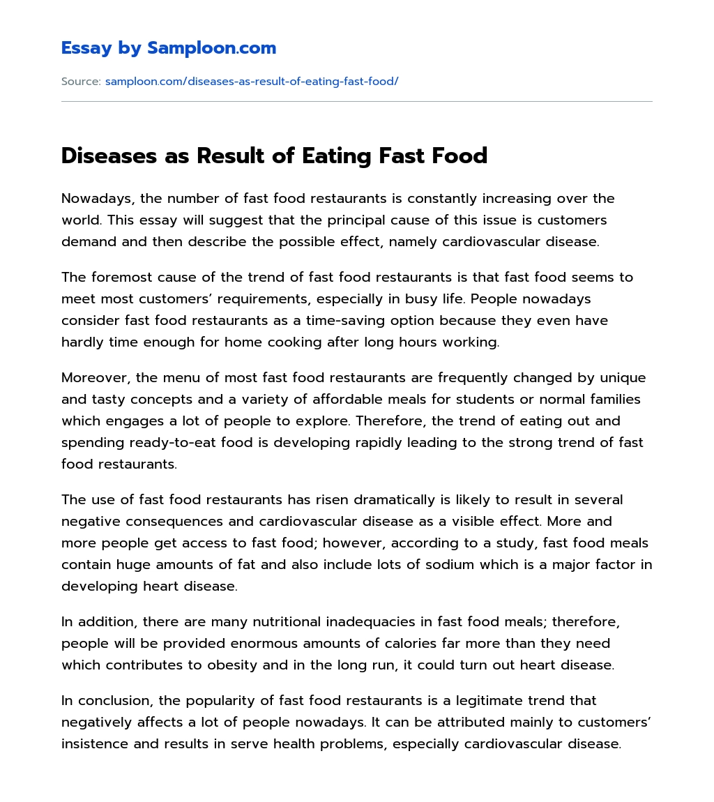 Diseases as Result of Eating Fast Food essay