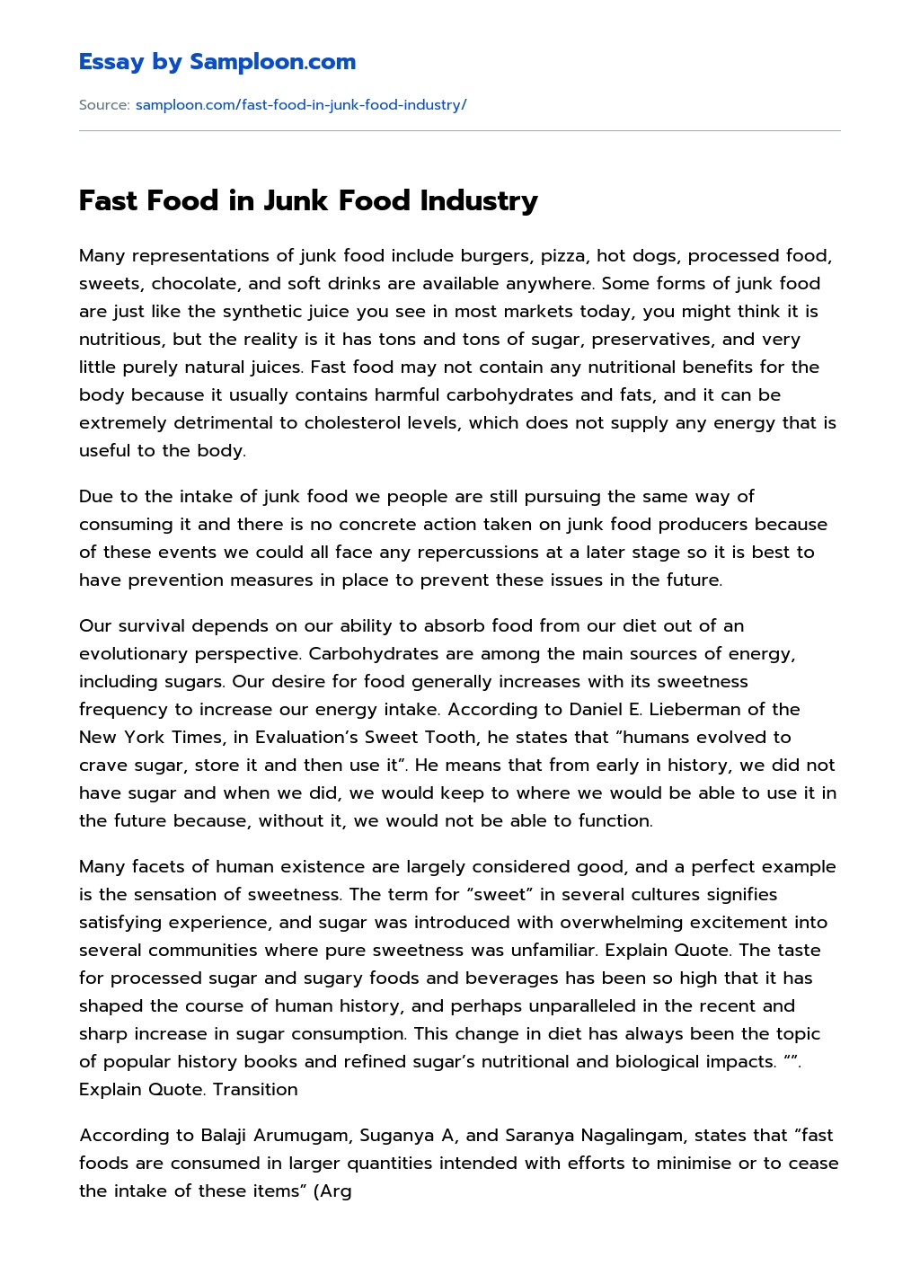Fast Food in Junk Food Industry Free Essay Sample on Samploon.com