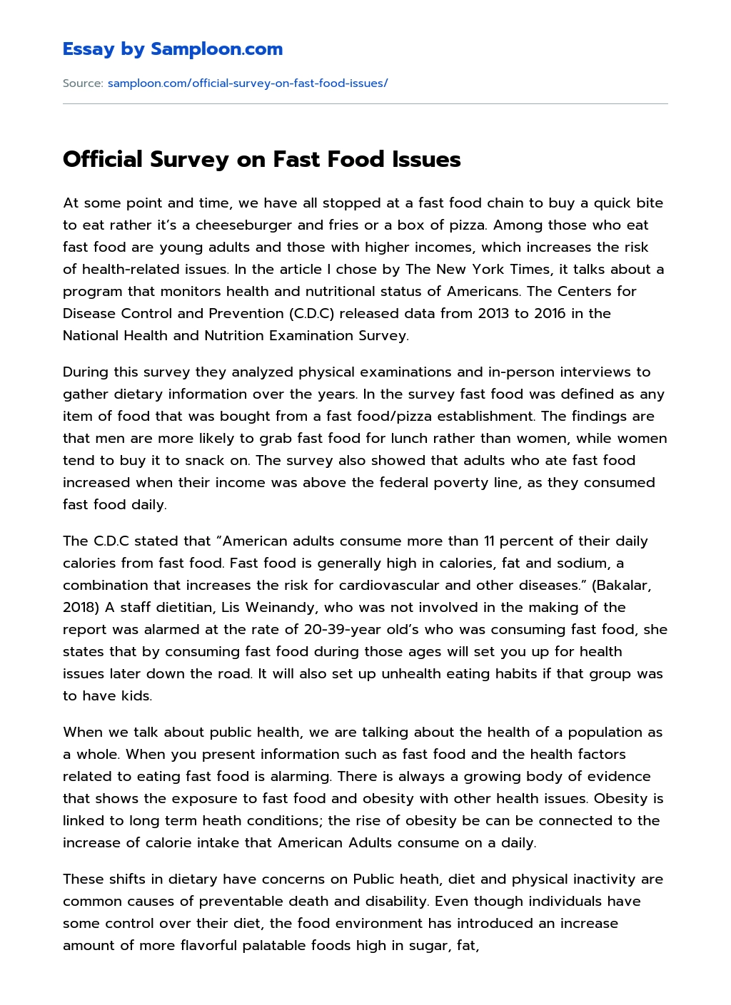 Official Survey on Fast Food Issues essay