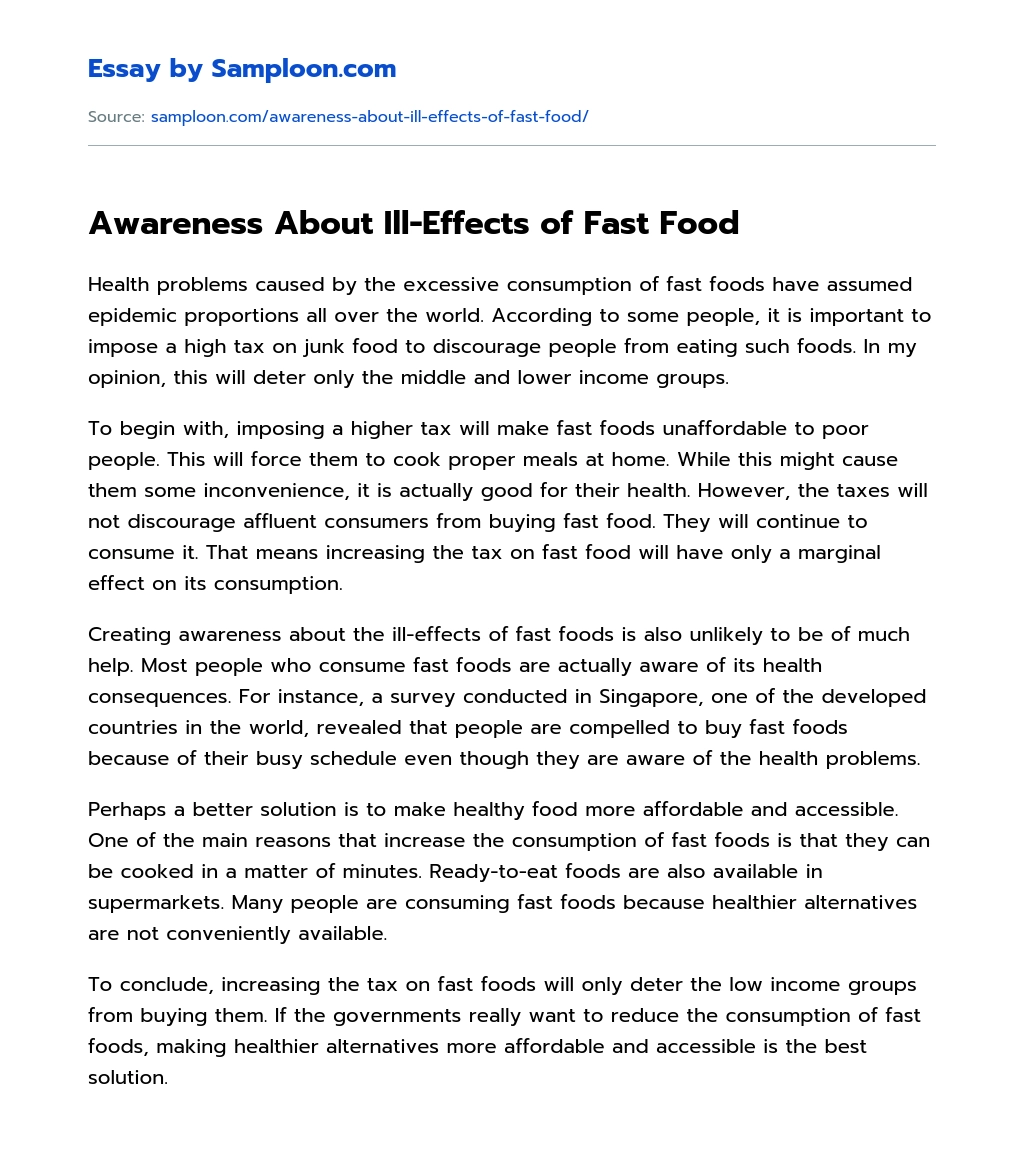 Awareness About Ill-Effects of Fast Food Cause And Effect Essay essay