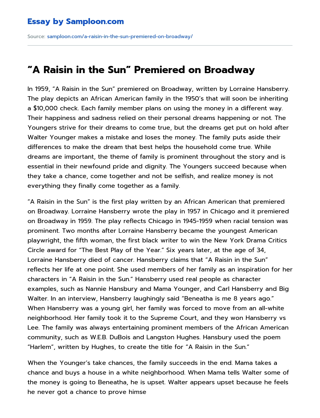 “A Raisin in the Sun” Premiered on Broadway essay