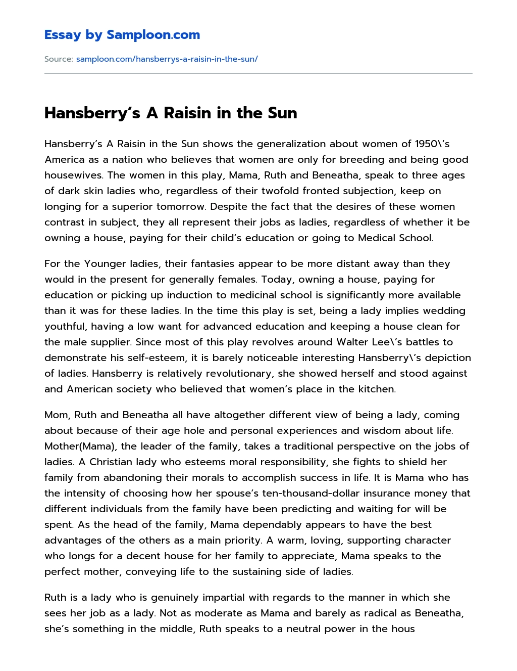 Hansberry’s A Raisin in the Sun essay