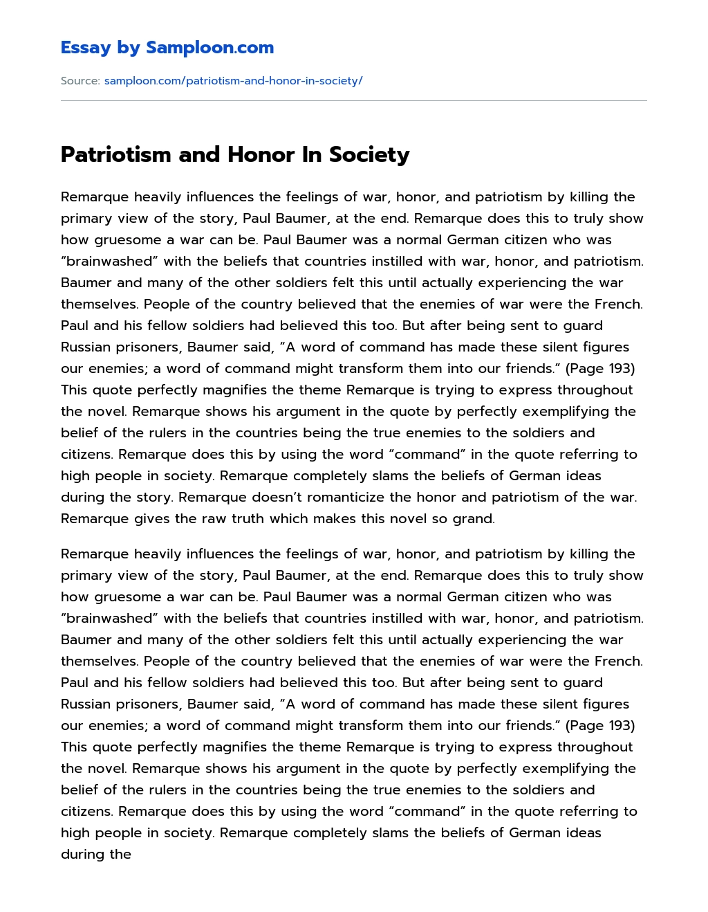 Patriotism and Honor In Society essay