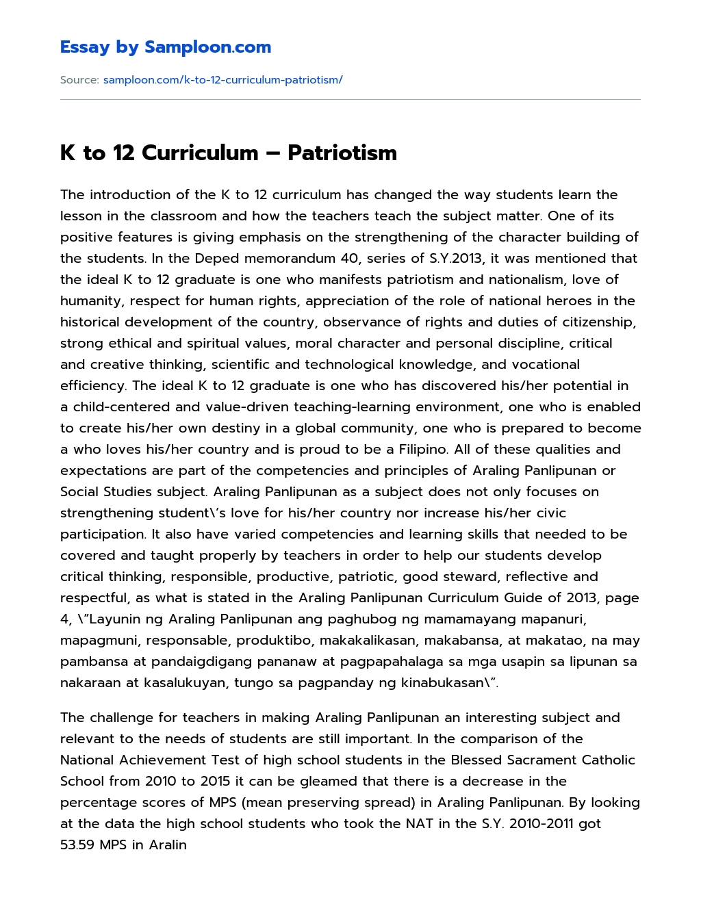 K to 12 Curriculum – Patriotism Research Paper essay