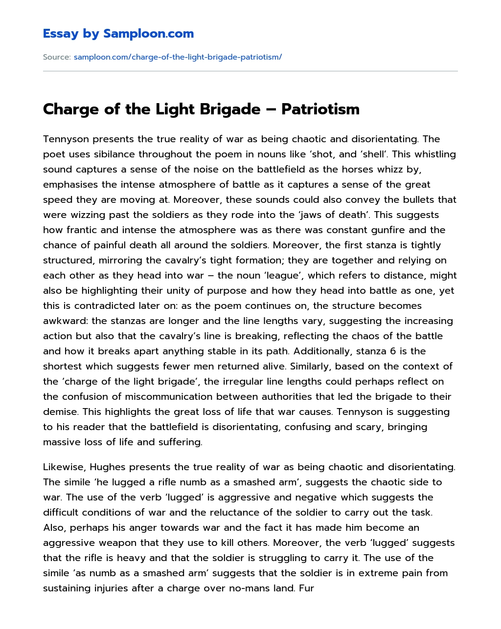 Charge of the Light Brigade – Patriotism Analytical Essay essay