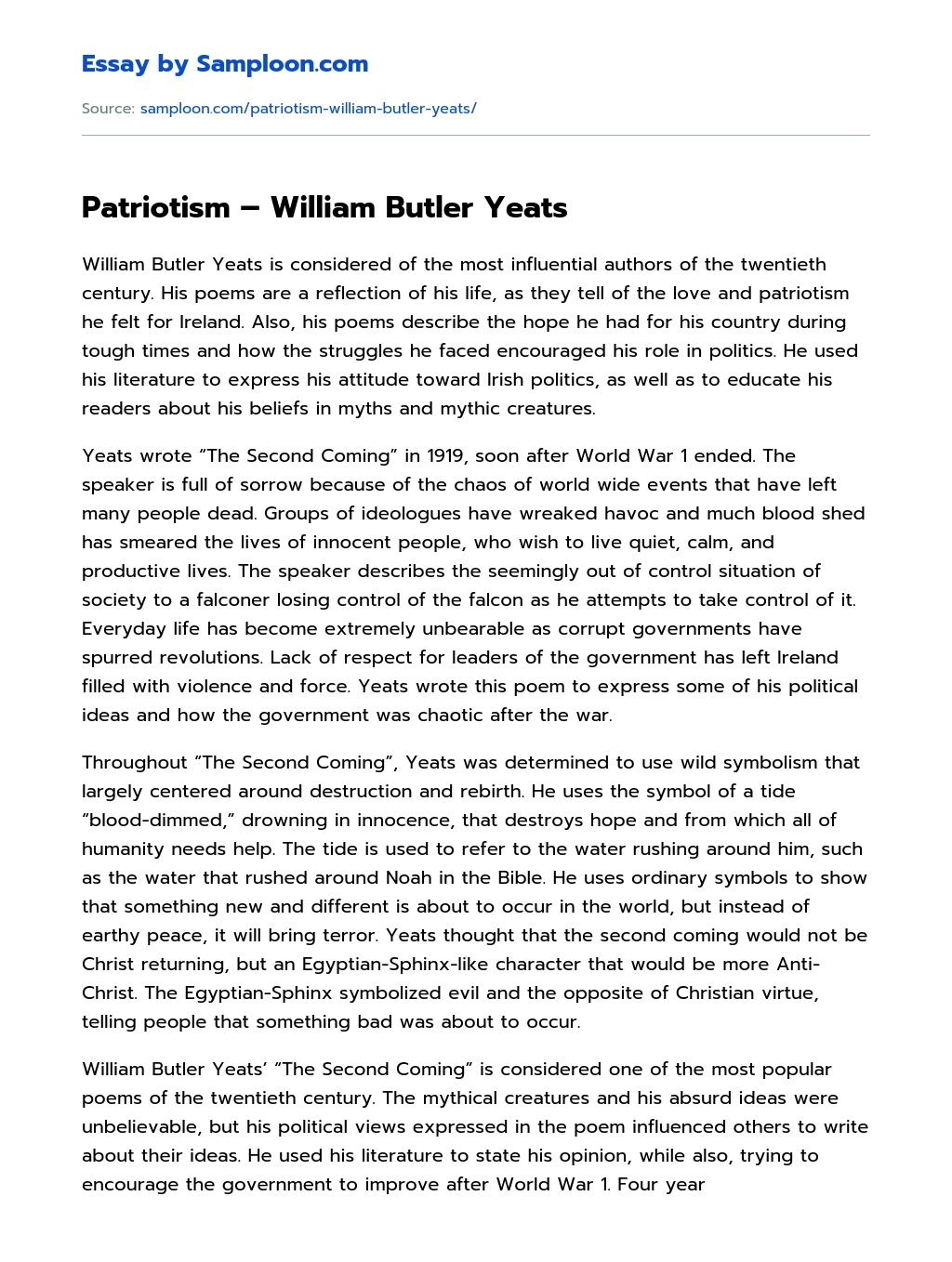 Patriotism – William Butler Yeats Analytical Essay essay