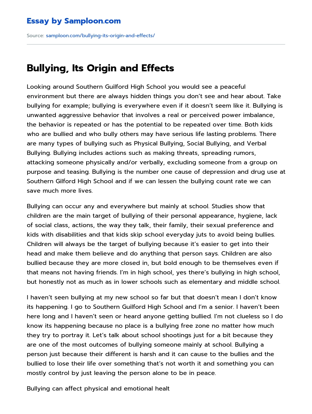 Bullying, Its Origin and Effects essay