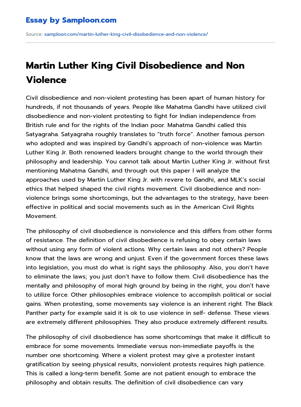 Martin Luther King Civil Disobedience and Non Violence essay