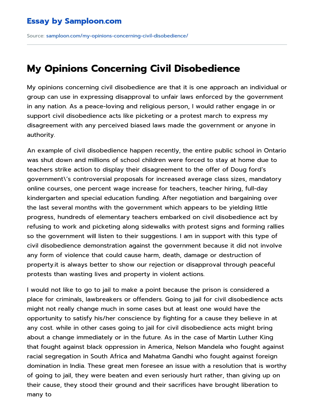 My Opinions Concerning Civil Disobedience essay