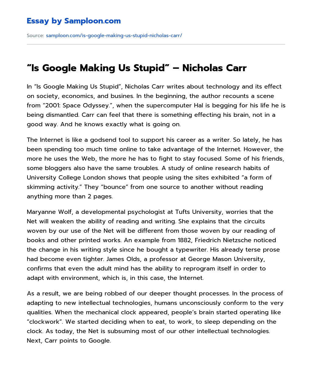 “Is Google Making Us Stupid” – Nicholas Carr essay