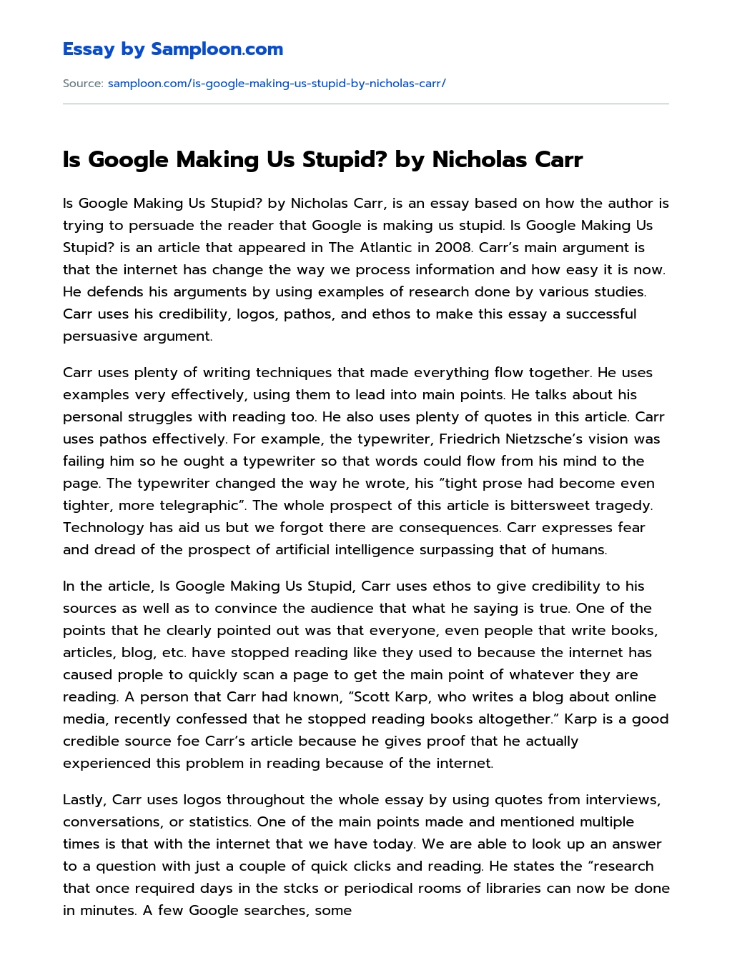 Is Google Making Us Stupid? by Nicholas Carr essay