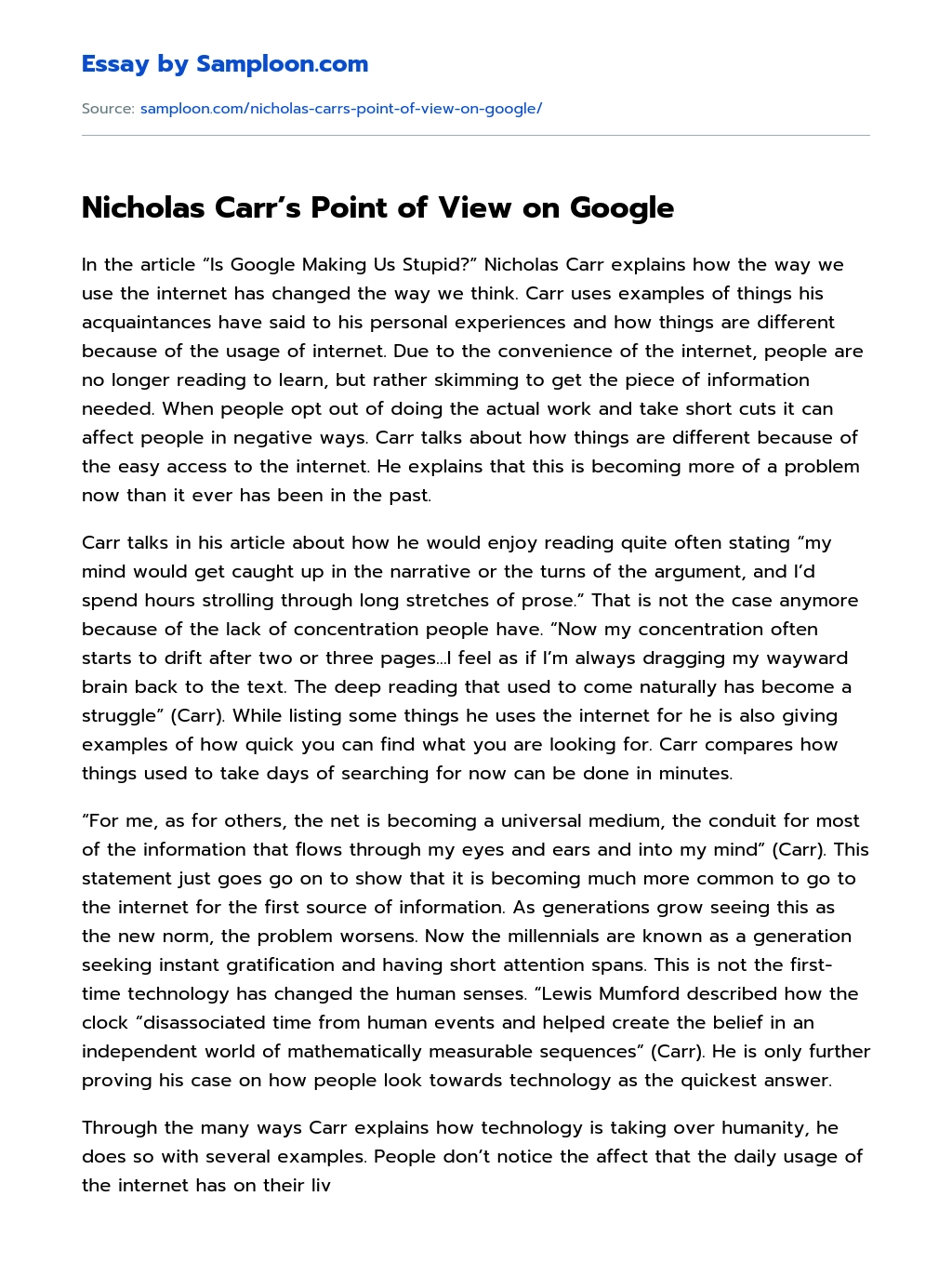 Nicholas Carr’s Point of View on Google essay