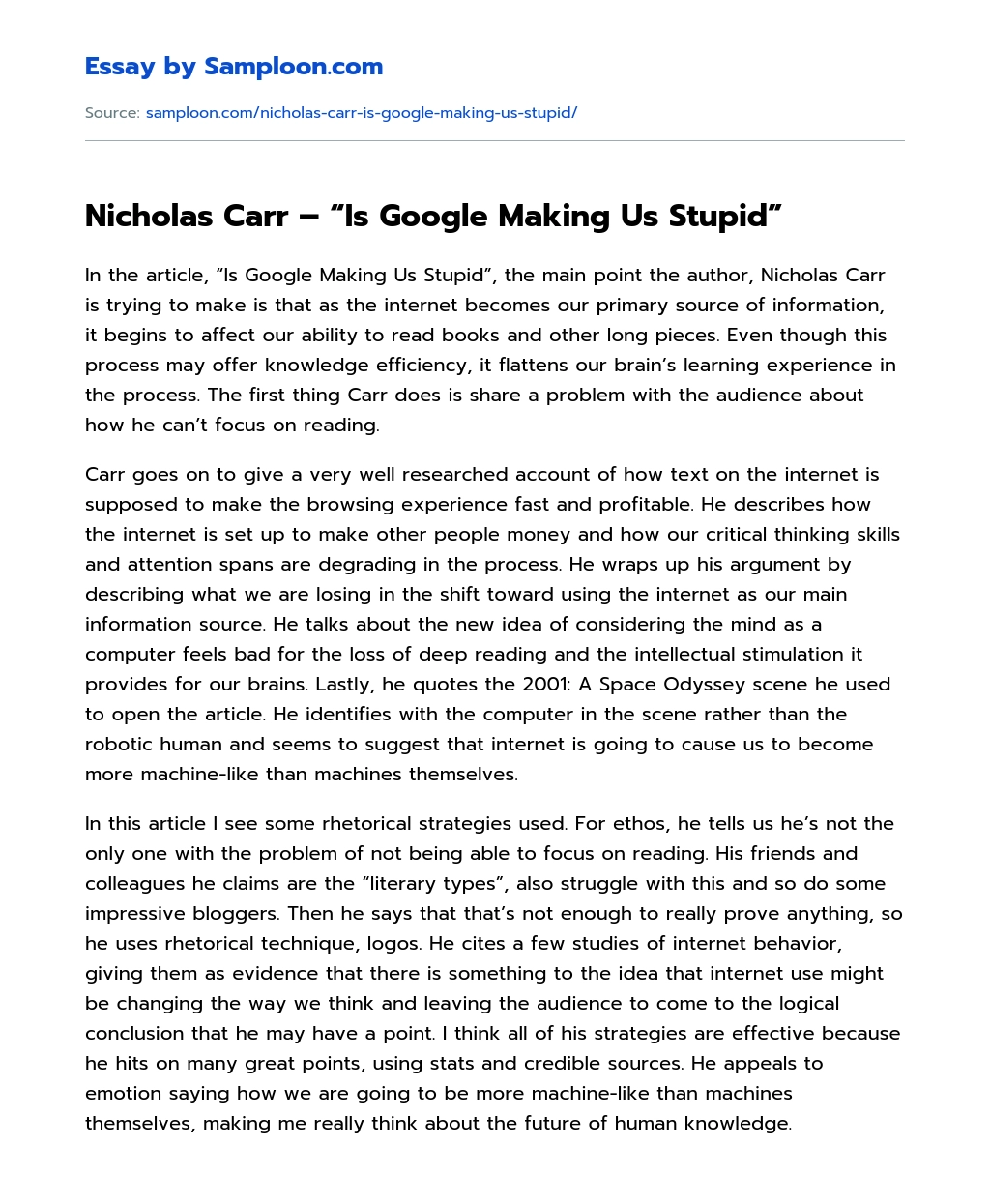 Nicholas Carr – “Is Google Making Us Stupid” essay