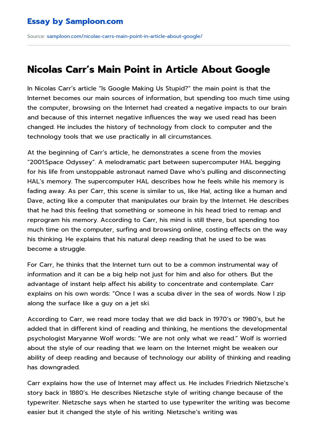 Nicolas Carr’s Main Point in Article About Google essay