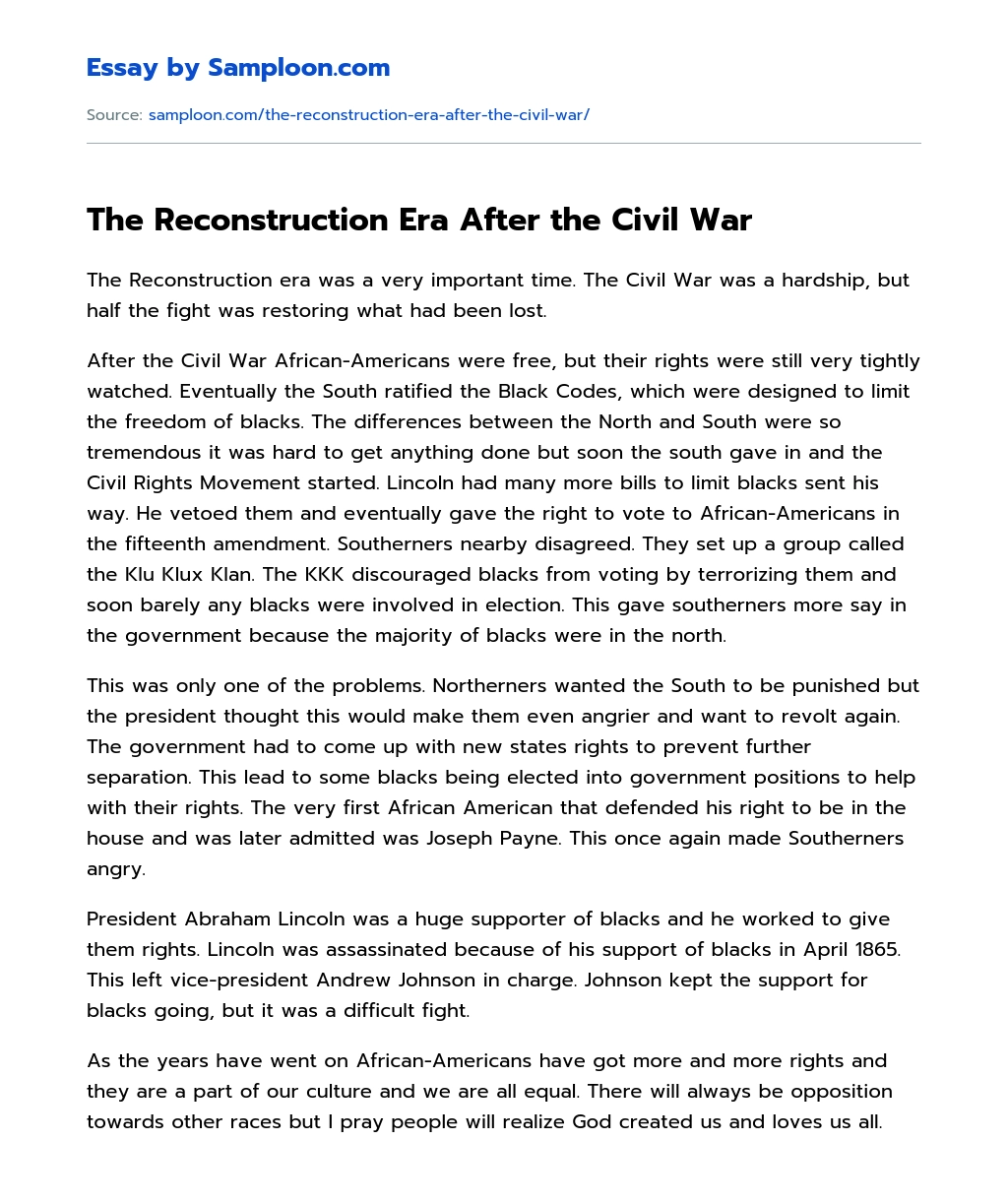 The Reconstruction Era After the Civil War essay