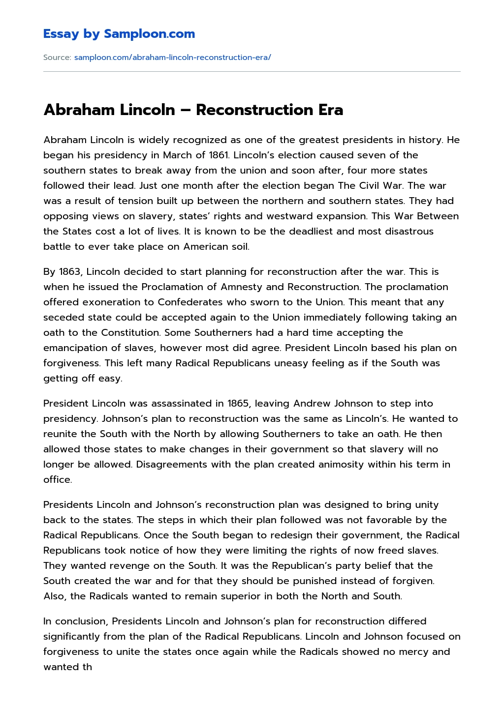 Abraham Lincoln – Reconstruction Era Argumentative Essay essay