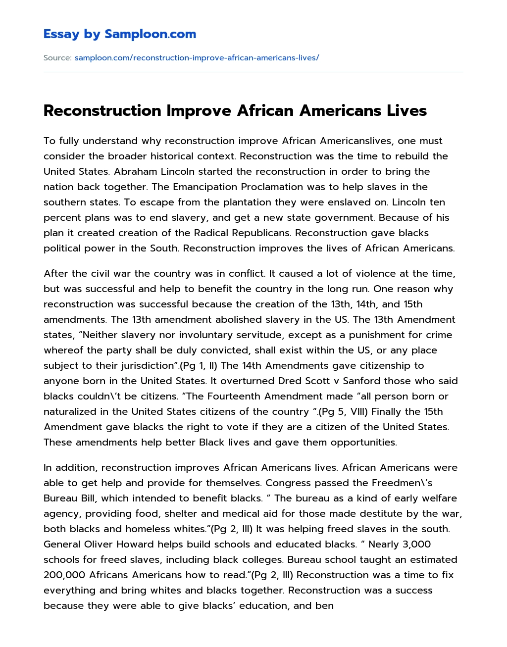 Reconstruction Improve African Americans Lives essay