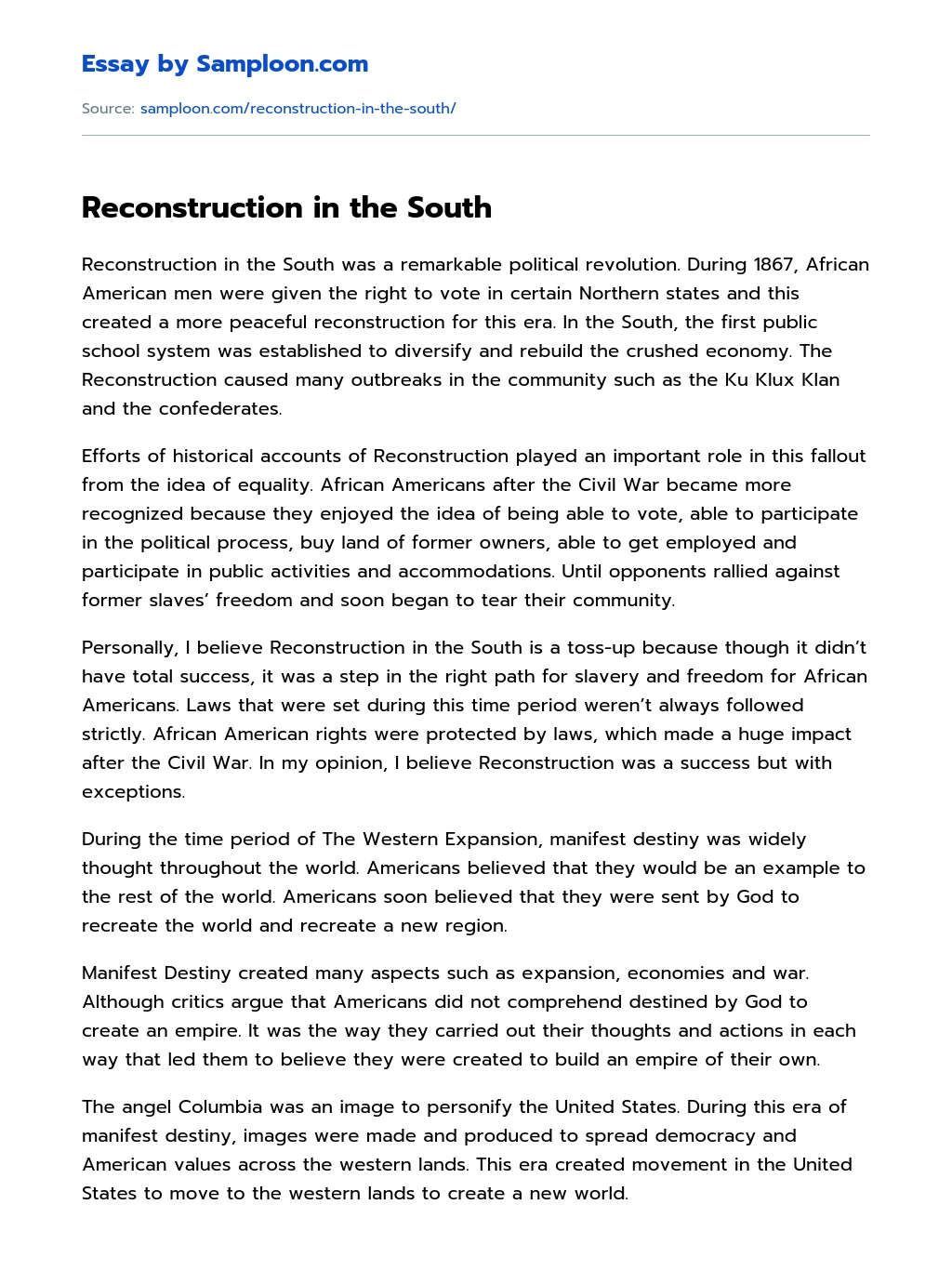 Reconstruction in the South essay