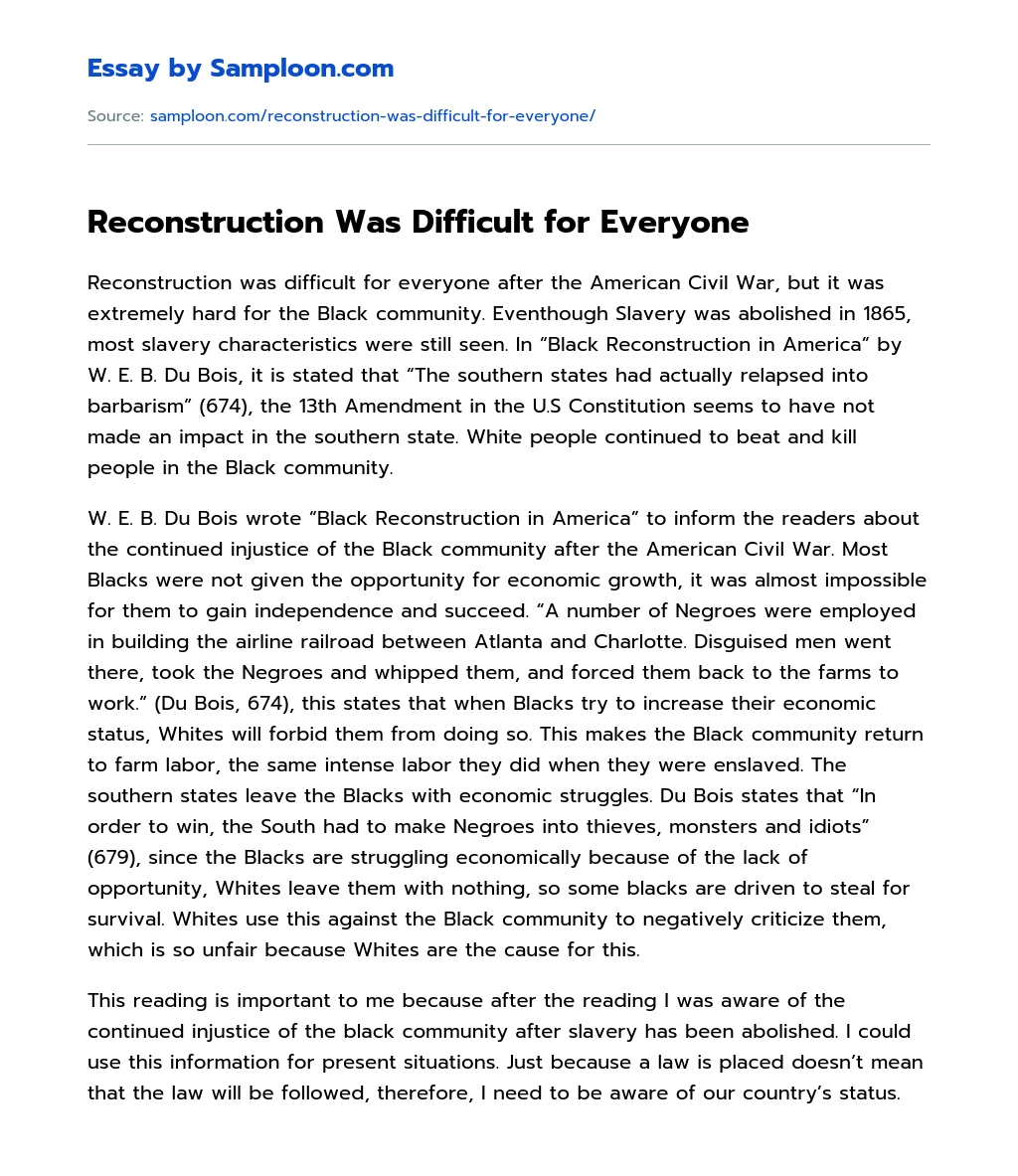 Reconstruction Was Difficult for Everyone essay