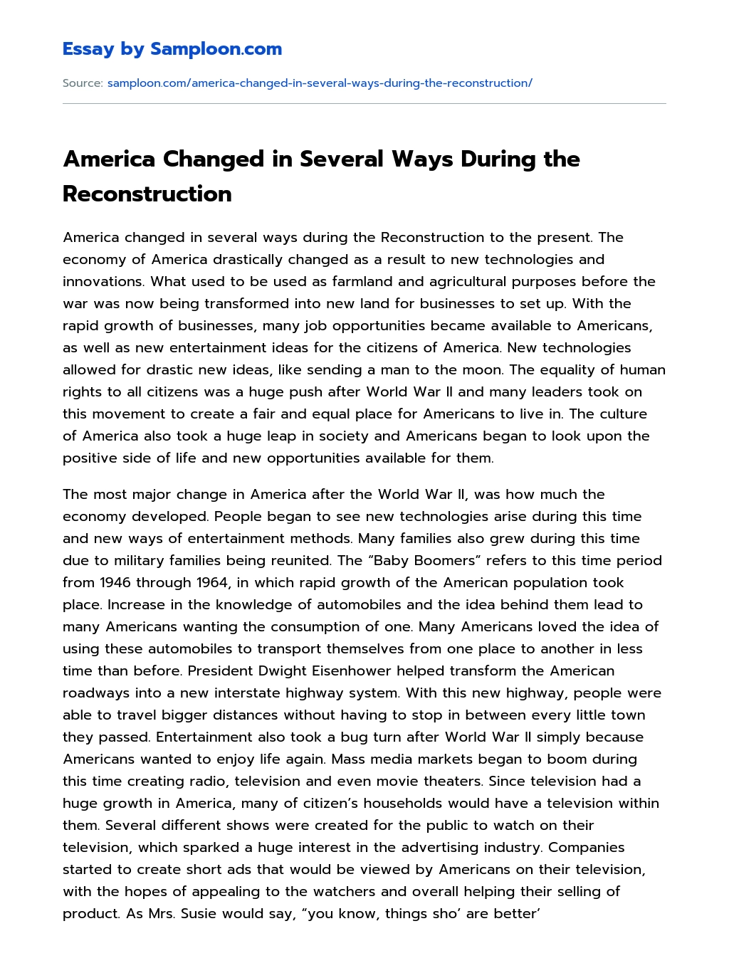 America Changed in Several Ways During the Reconstruction essay