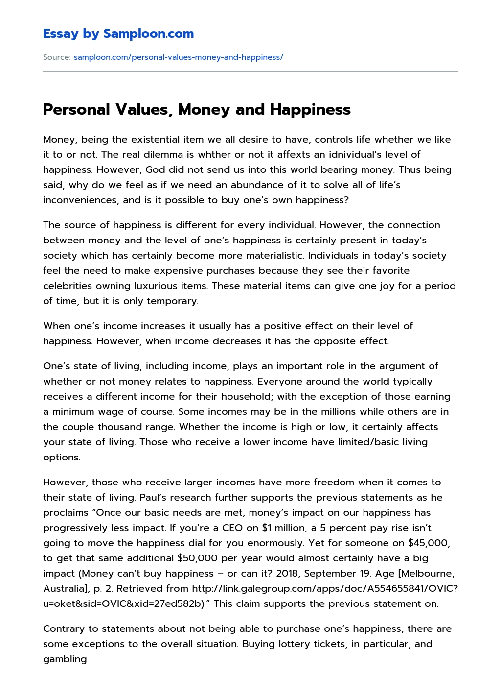 Personal Values, Money and Happiness essay