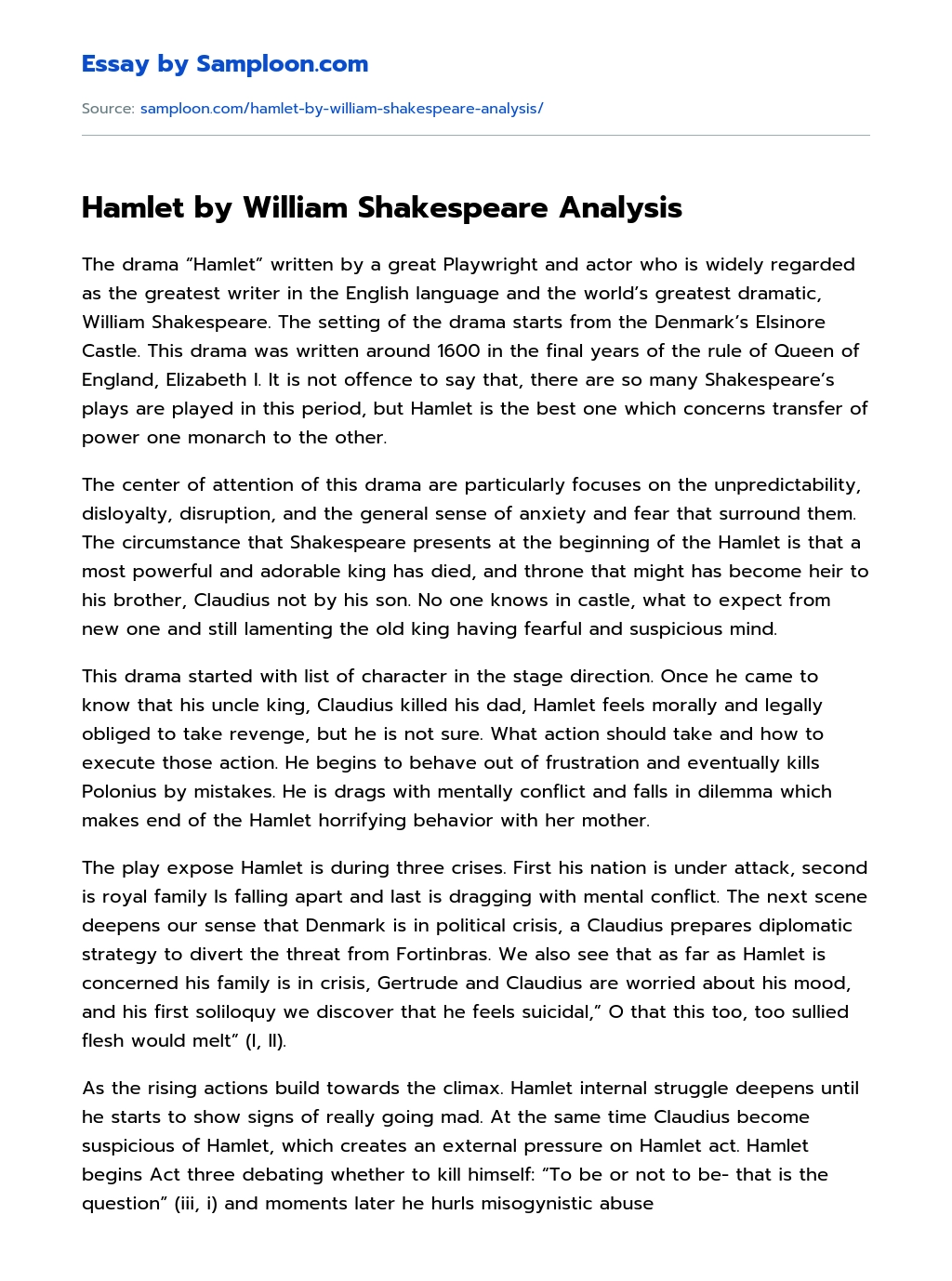 Hamlet by William Shakespeare Analysis essay