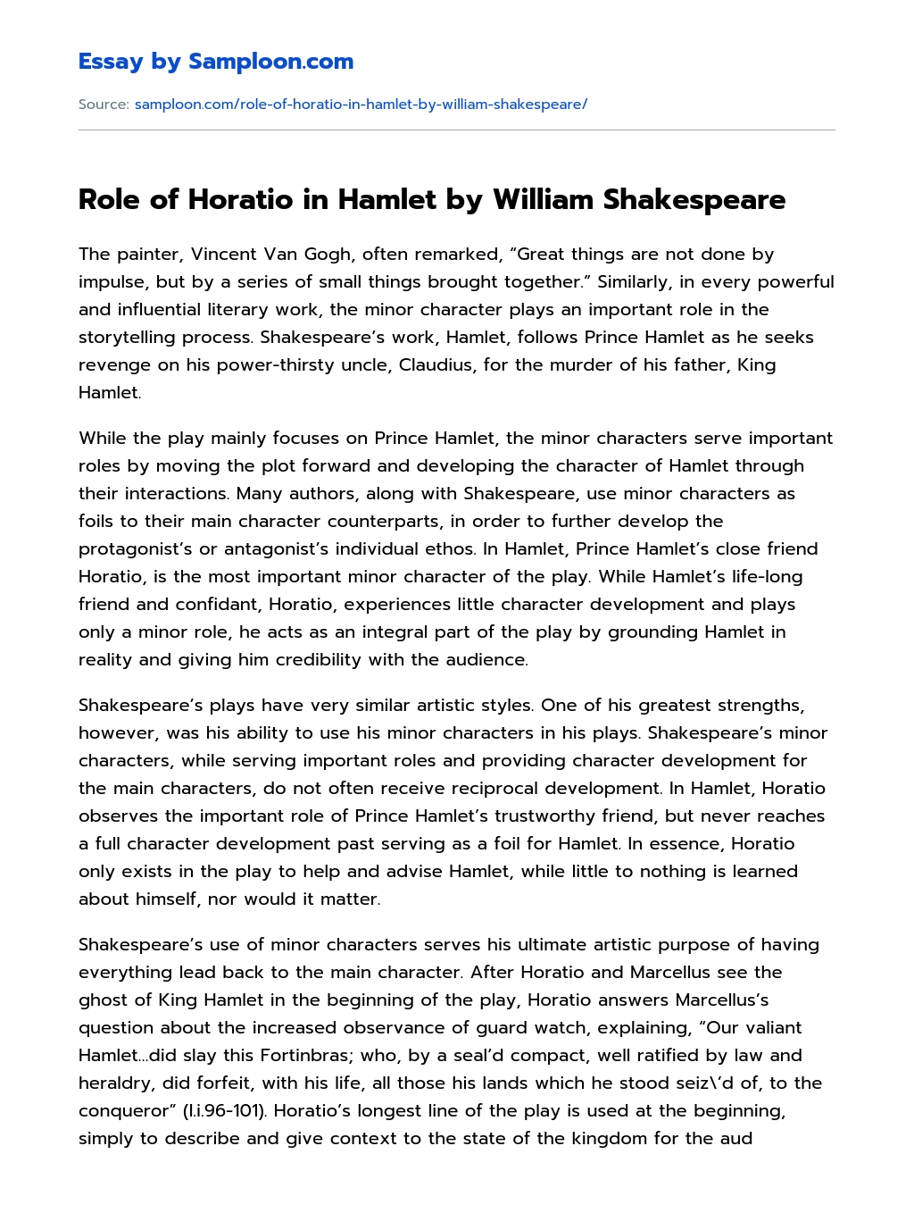 Role of Horatio in Hamlet by William Shakespeare essay