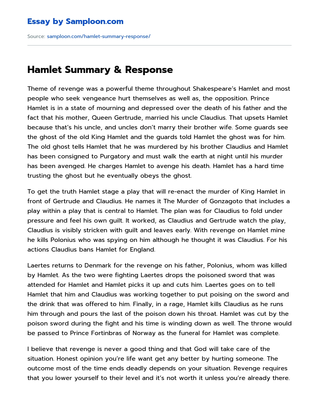 Hamlet Summary & Response Character Analysis essay