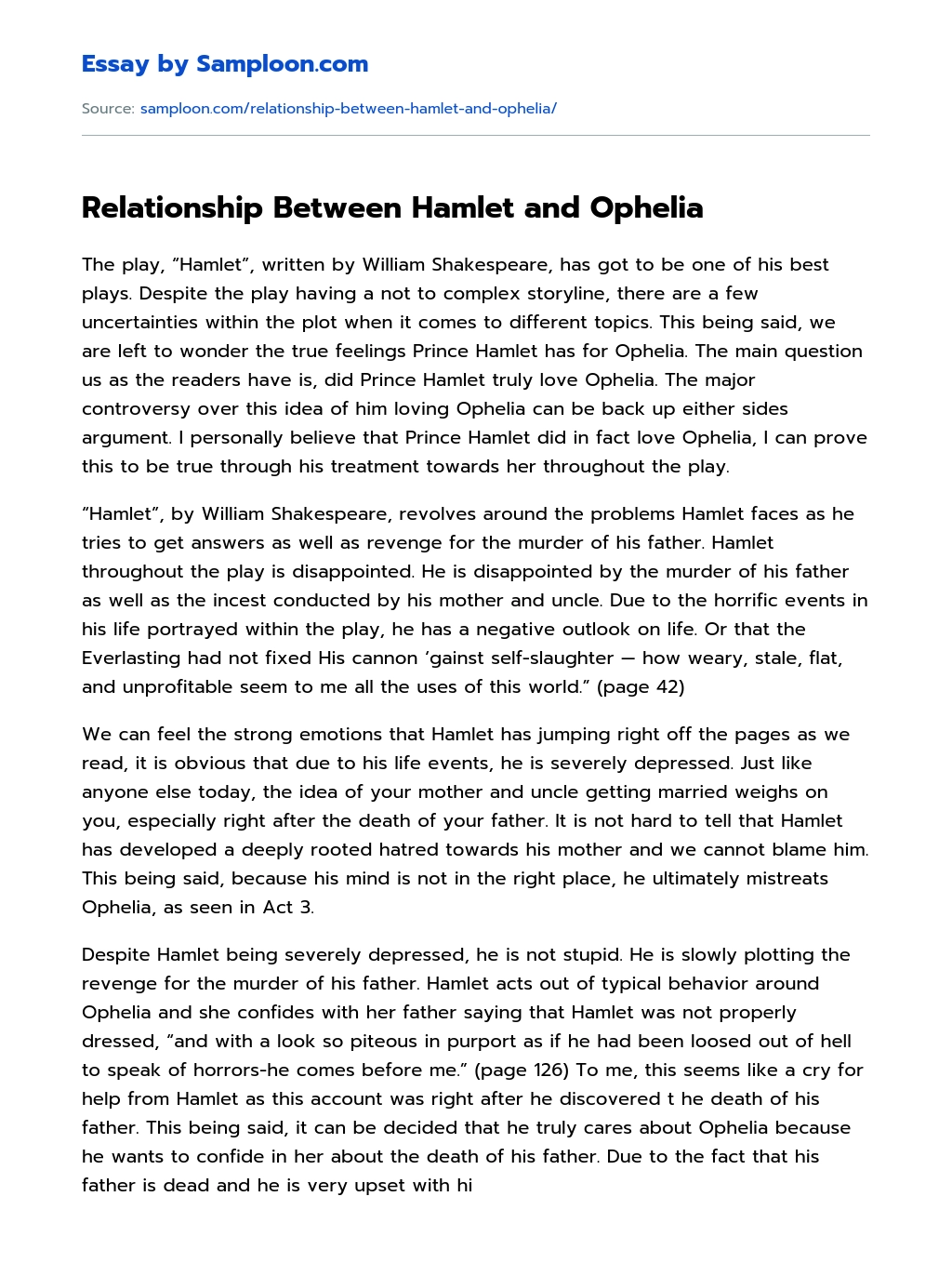 Relationship Between Hamlet and Ophelia essay