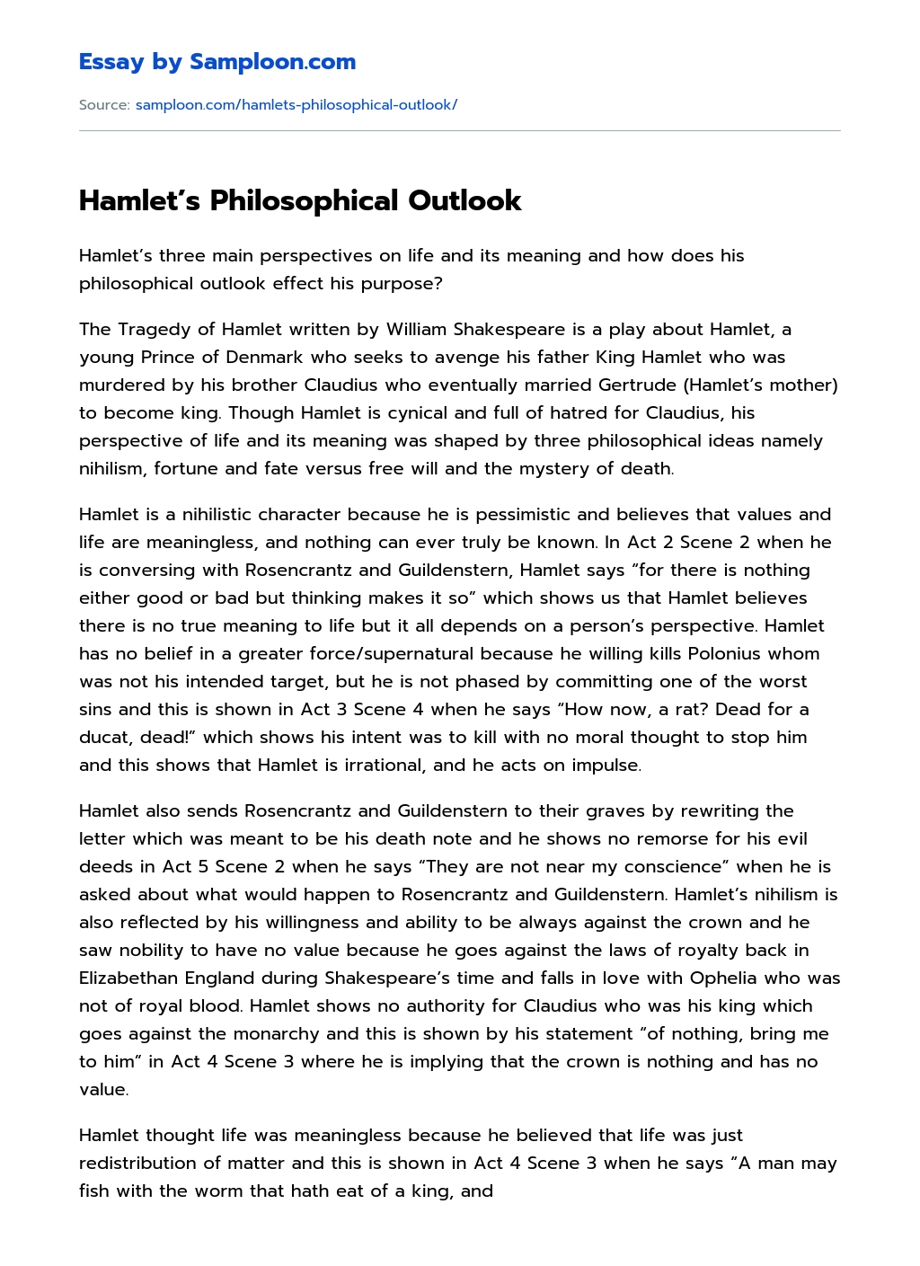 Hamlet’s Philosophical Outlook essay