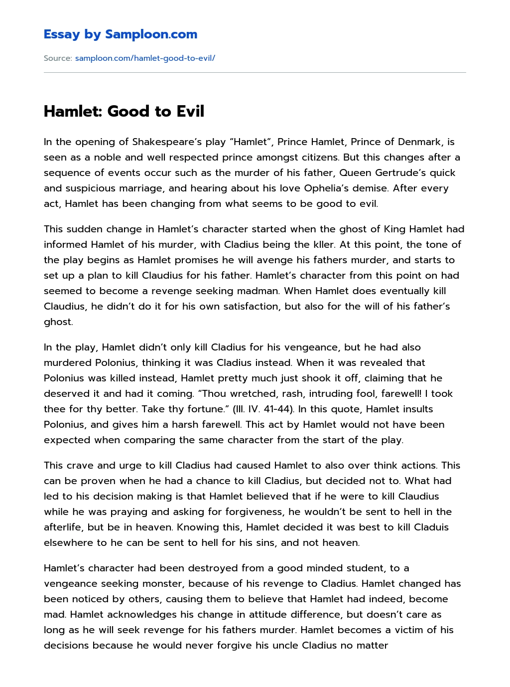 Hamlet: Good to Evil essay