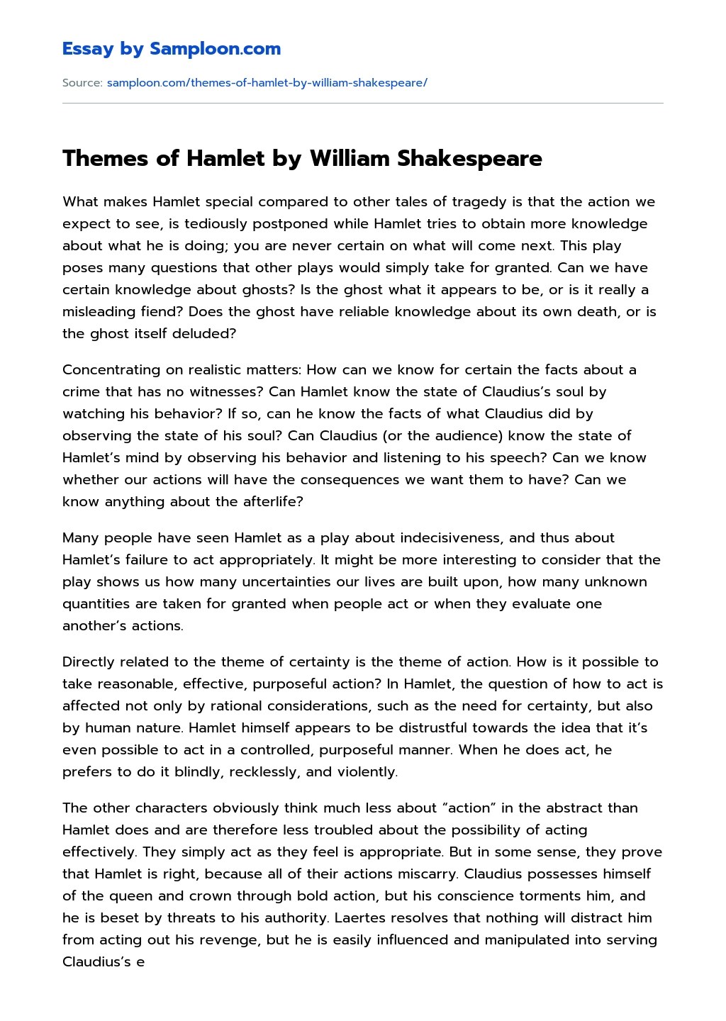 Themes of Hamlet by William Shakespeare essay