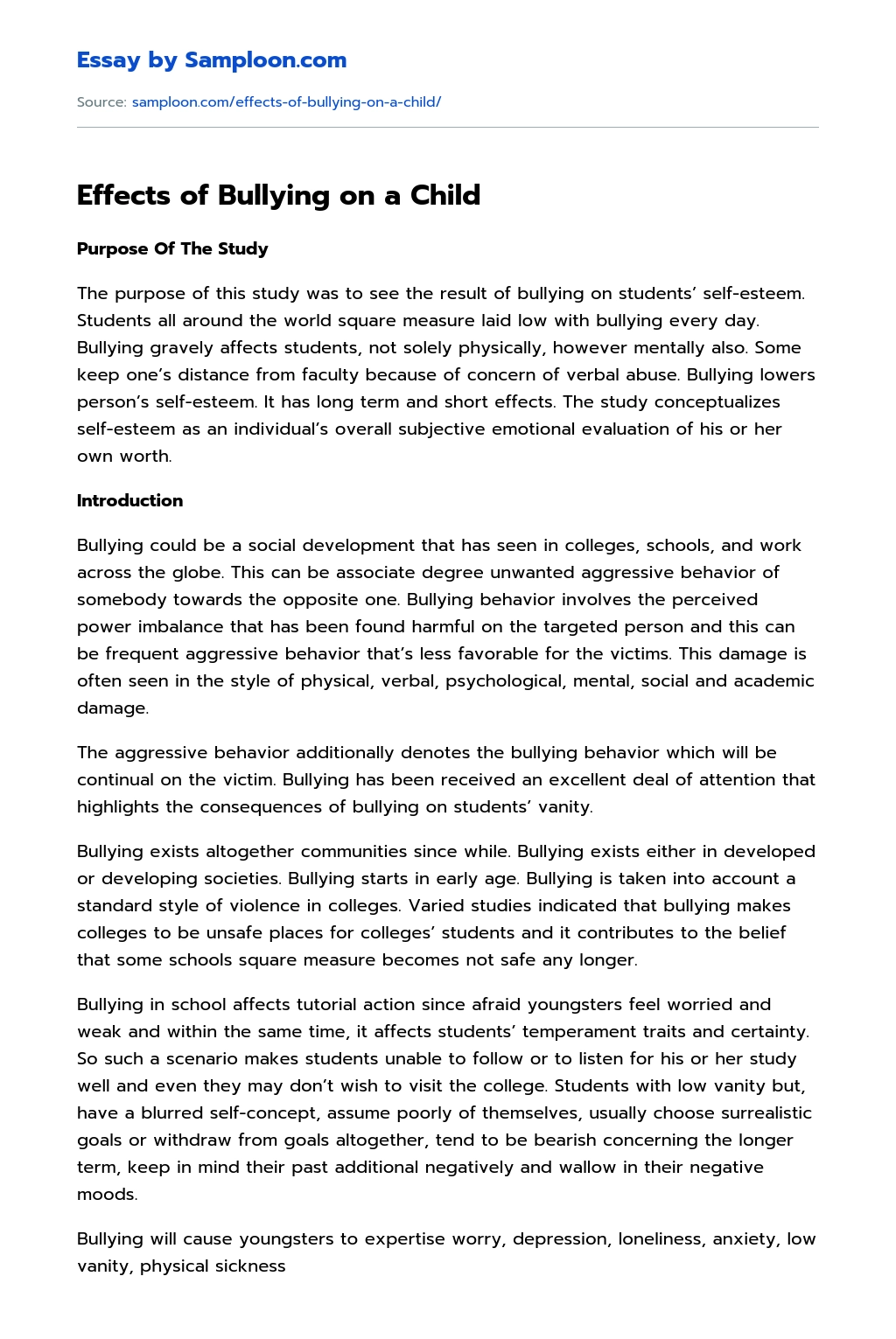 Effects of Bullying on a Child Cause And Effect Essay essay