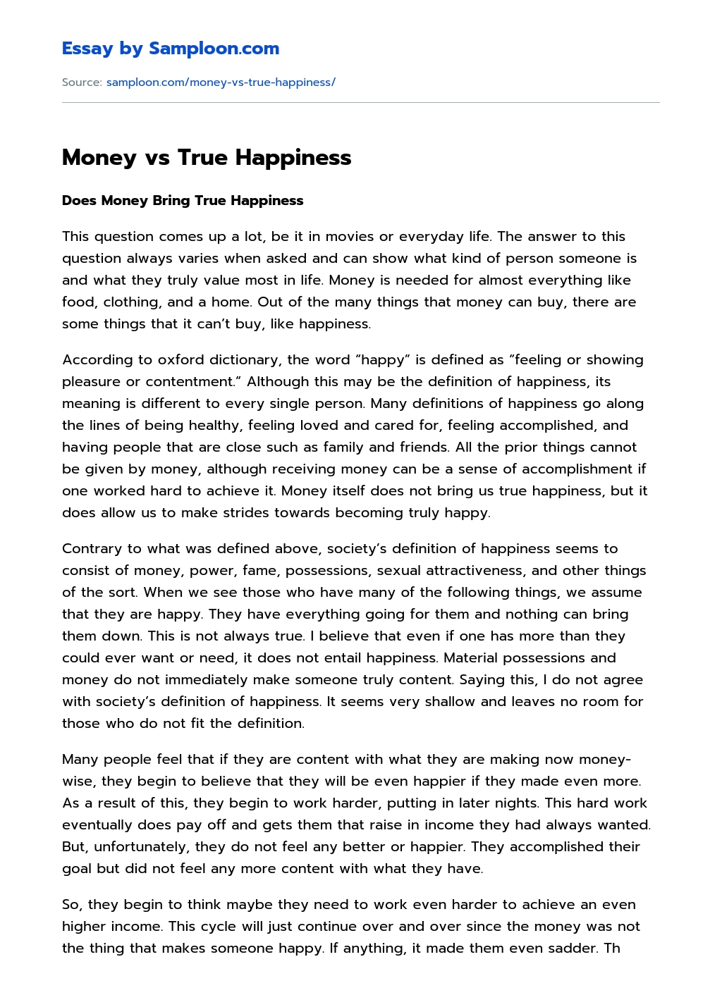 Money vs True Happiness essay