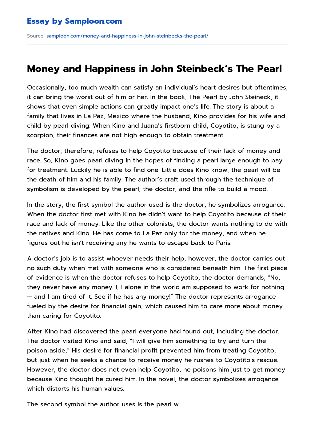 Money and Happiness in John Steinbeck’s The Pearl Summary essay