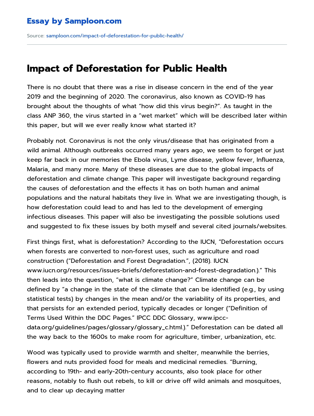 Impact of Deforestation for Public Health essay