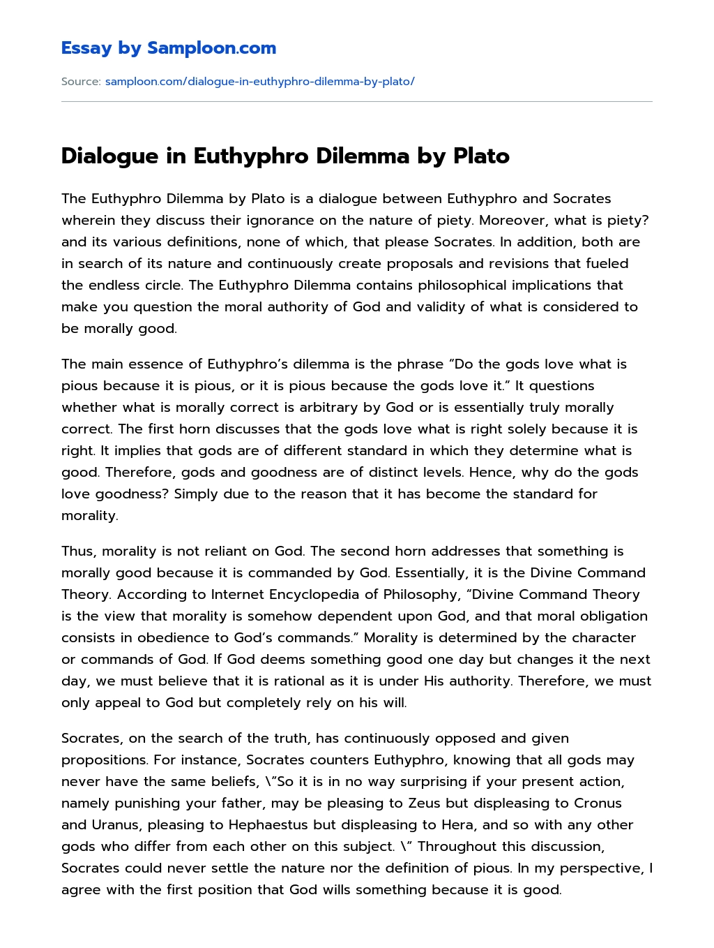 Dialogue in Euthyphro Dilemma by Plato Analytical Essay essay