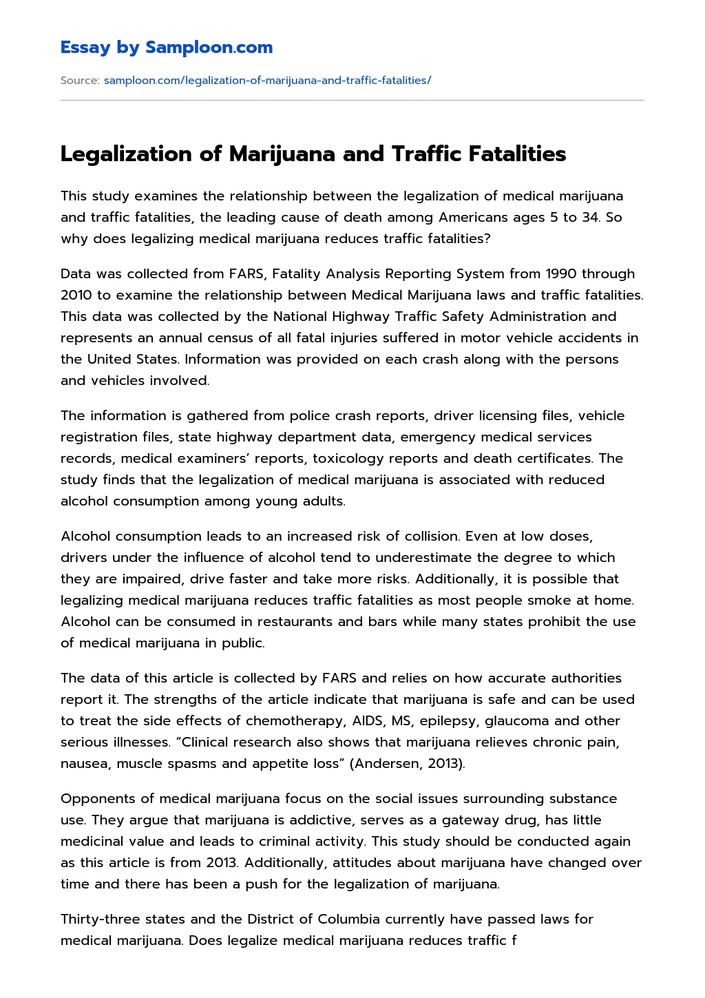 Legalization of Marijuana and Traffic Fatalities essay