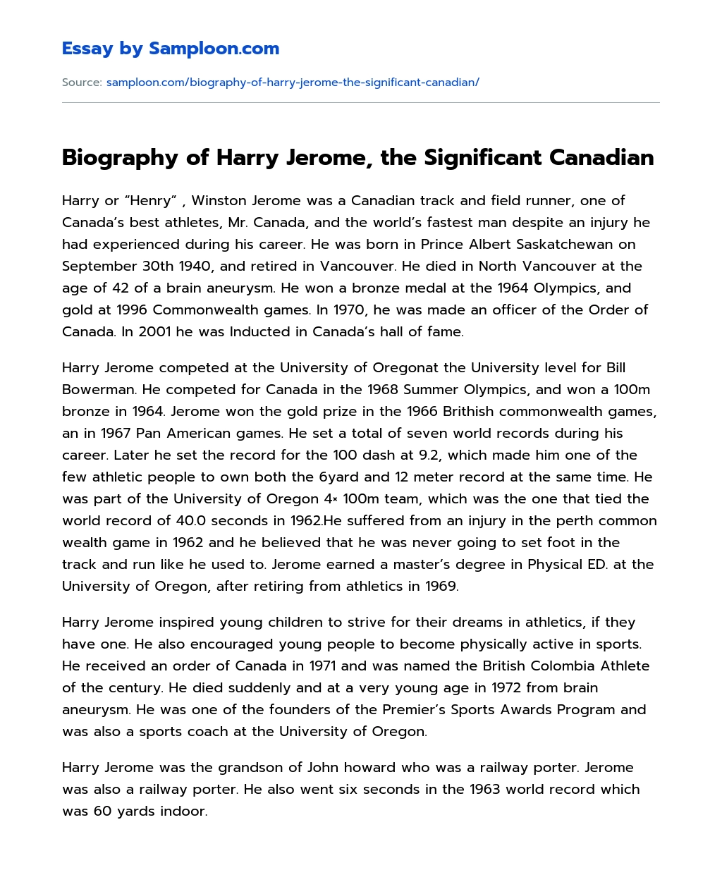 Biography of Harry Jerome, the Significant Canadian essay