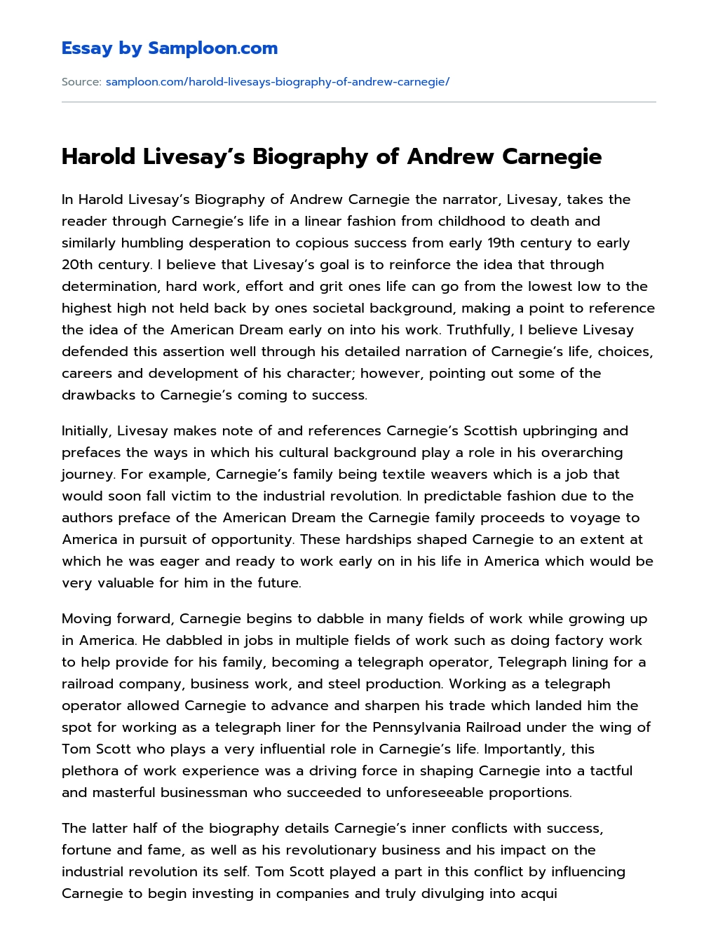 Harold Livesay’s Biography of Andrew Carnegie essay