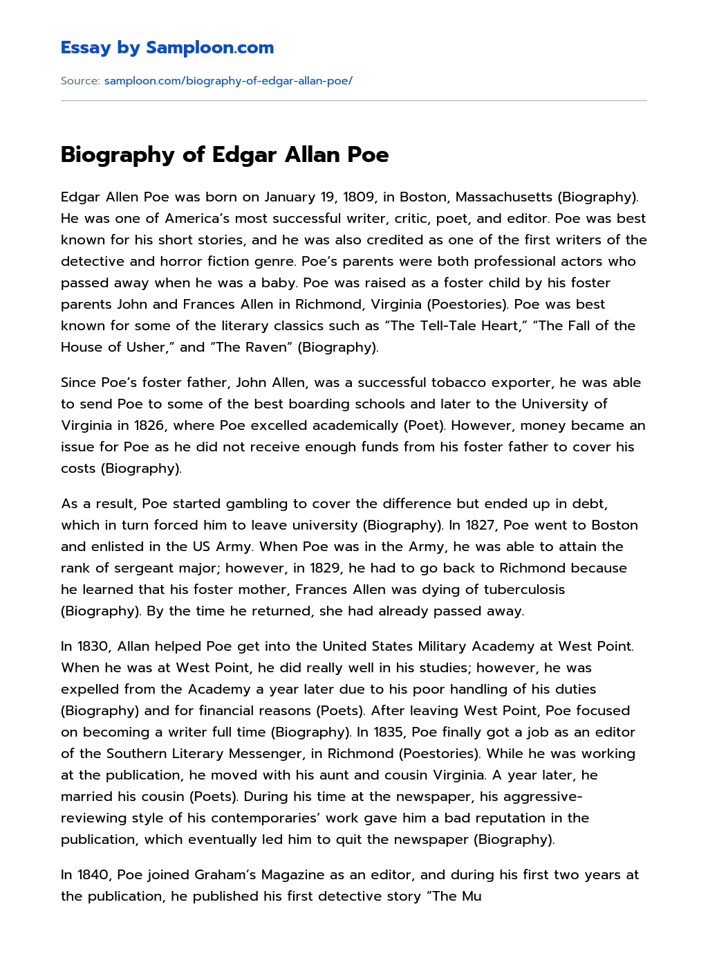 Biography of Edgar Allan Poe essay