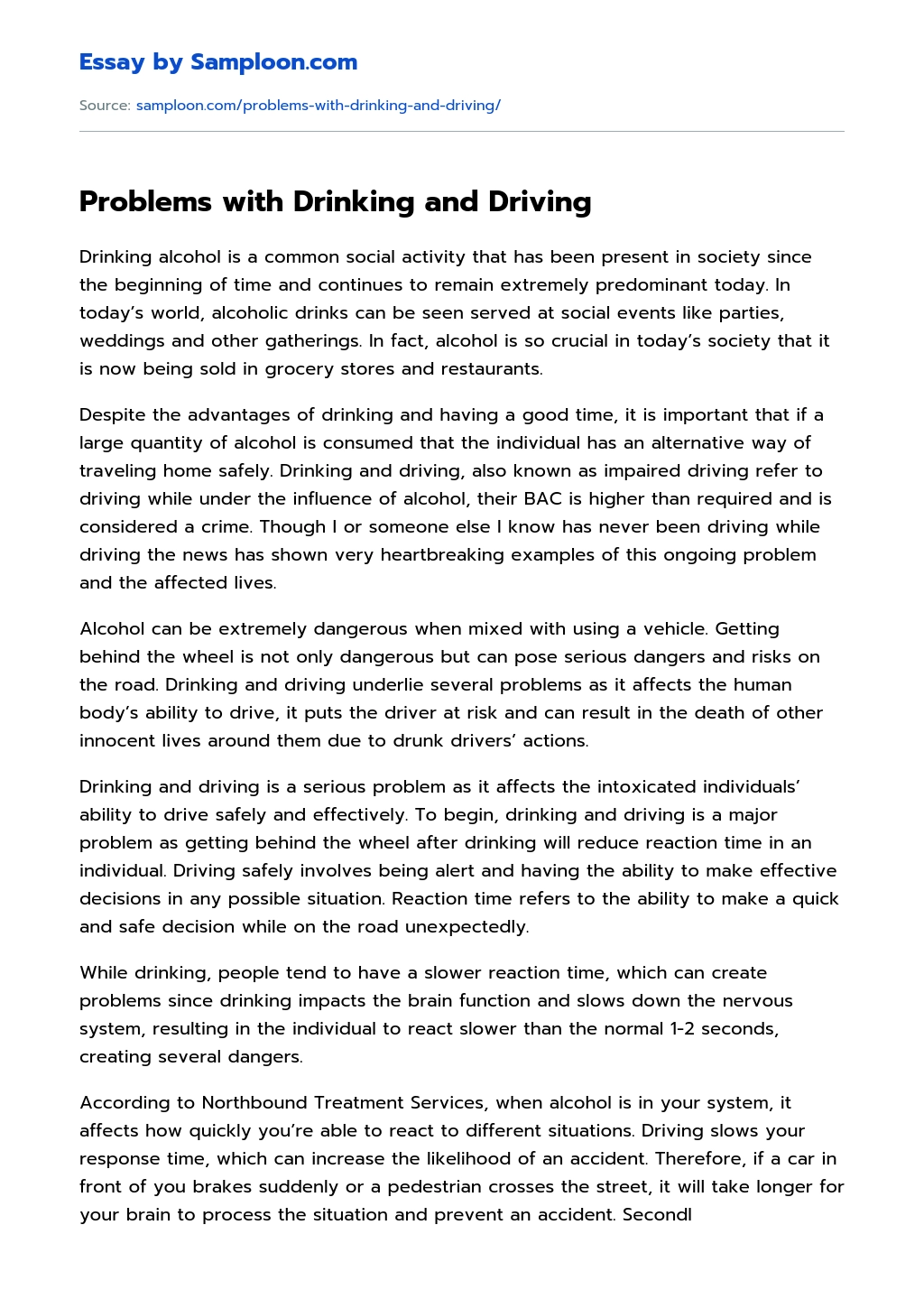 Problems with Drinking and Driving Research Paper essay