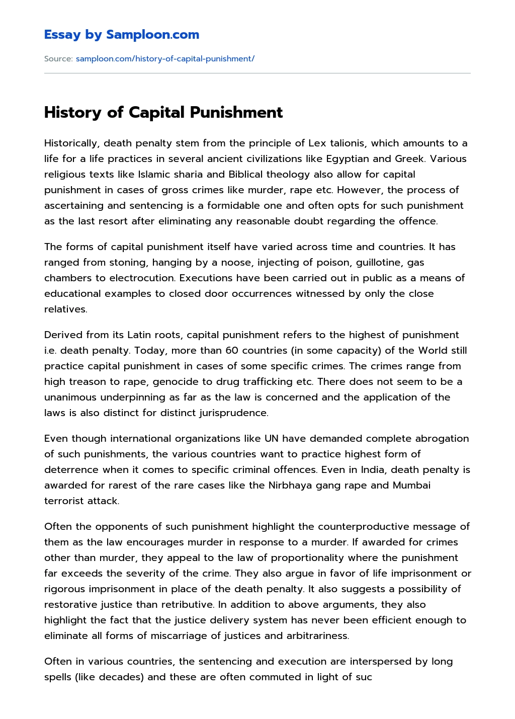 History of Capital Punishment essay
