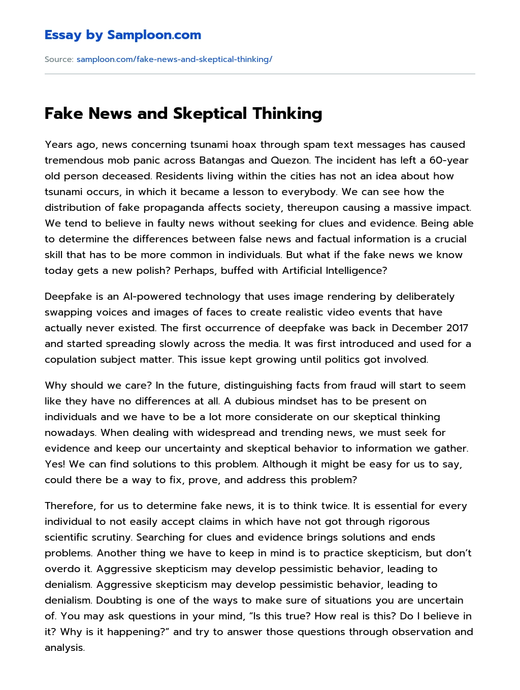 Fake News and Skeptical Thinking essay